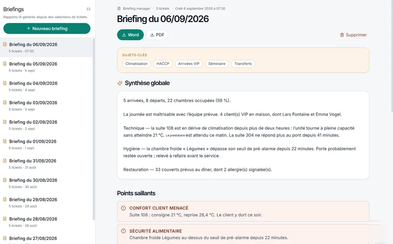 Briefing du matin, écran de la plateforme HOCLAS