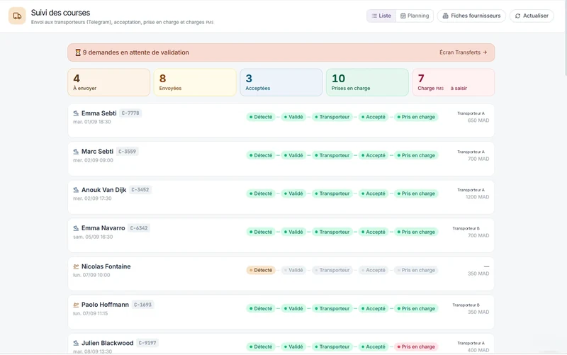 Suivi des courses, écran de la plateforme HOCLAS