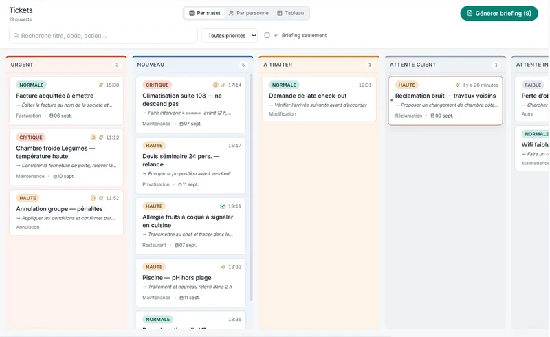 Tableau des tickets, écran de la plateforme HOCLAS