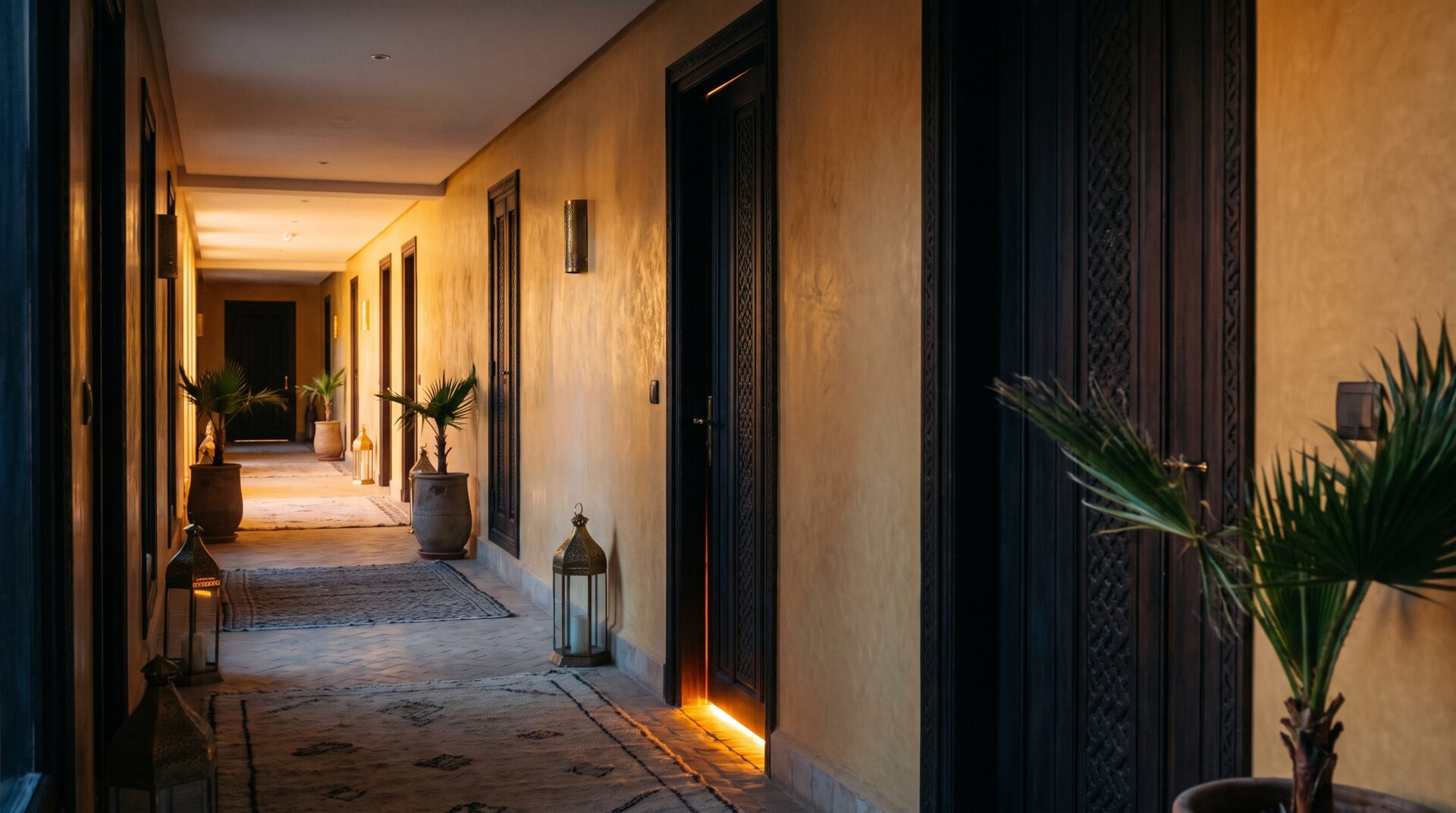 Couloir d'hôtel marocain à l'aube, portes fermées, une lumière chaude sous une seule porte