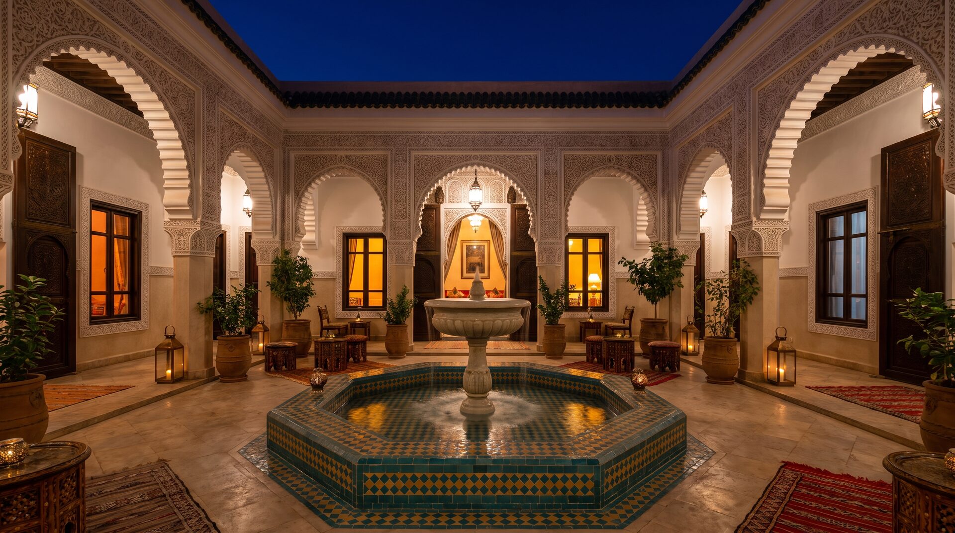 Patio de riad à l'heure bleue, fenêtres éclairées une à une