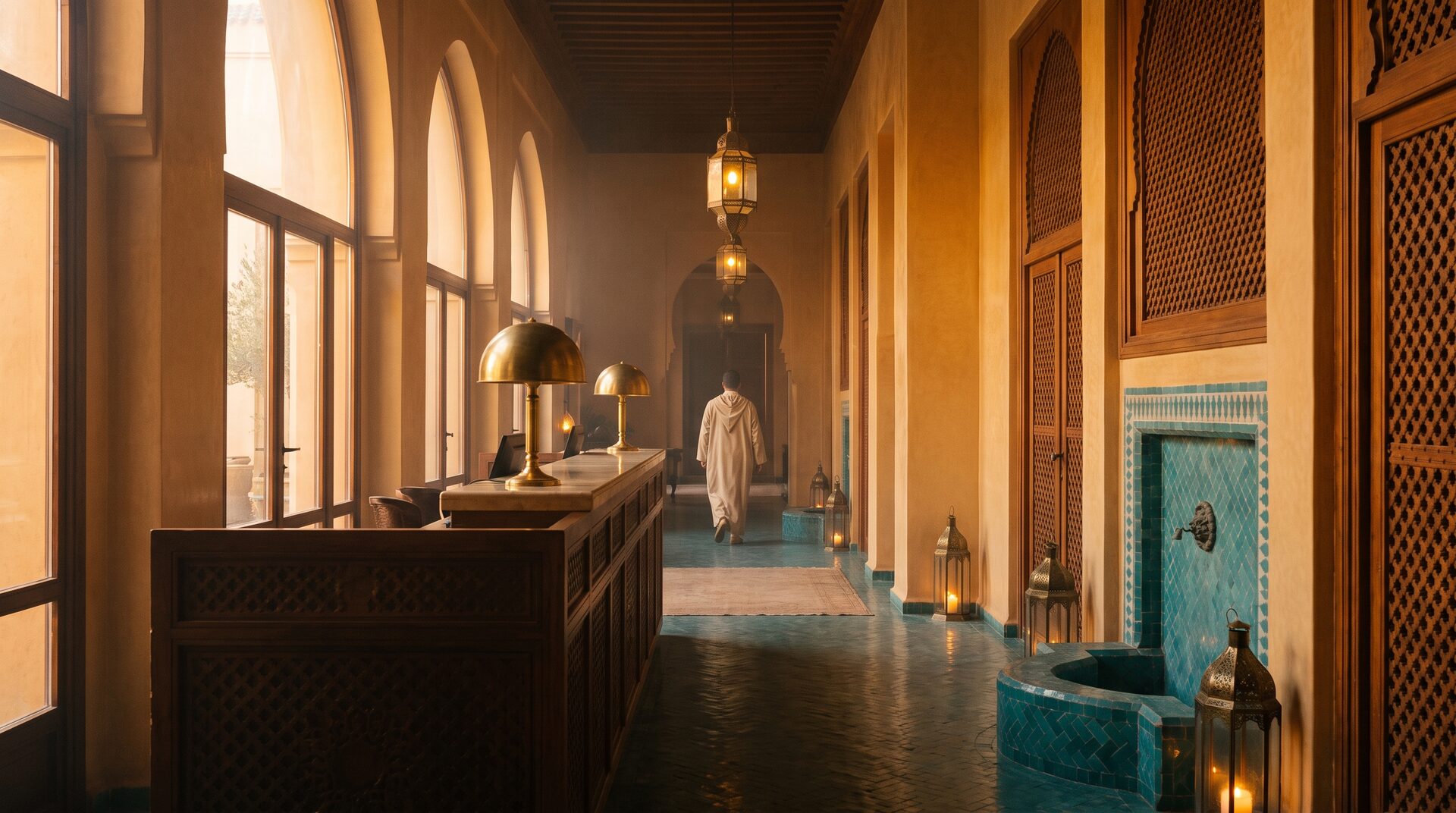 Réception d'un hôtel marocain à l'aube, vue de côté